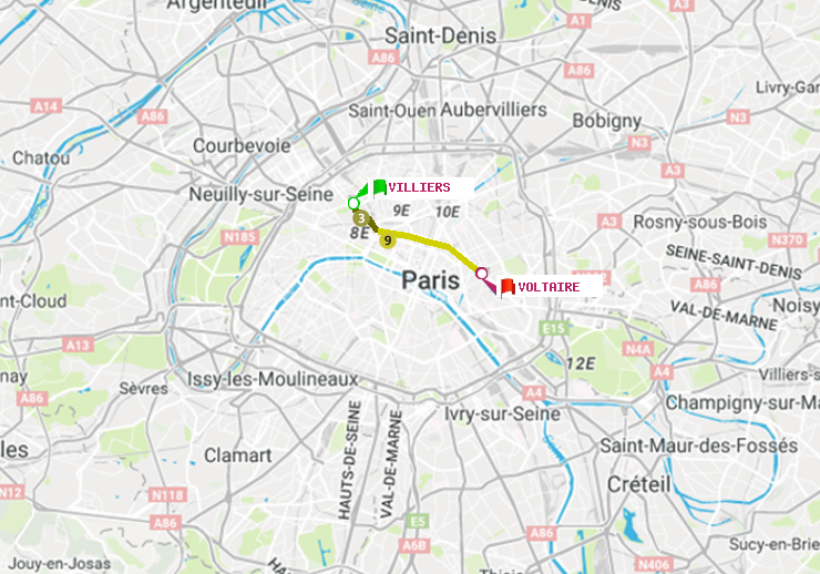 plan itinéraire ratp de Villiers à Voltaire (Léon Blum)