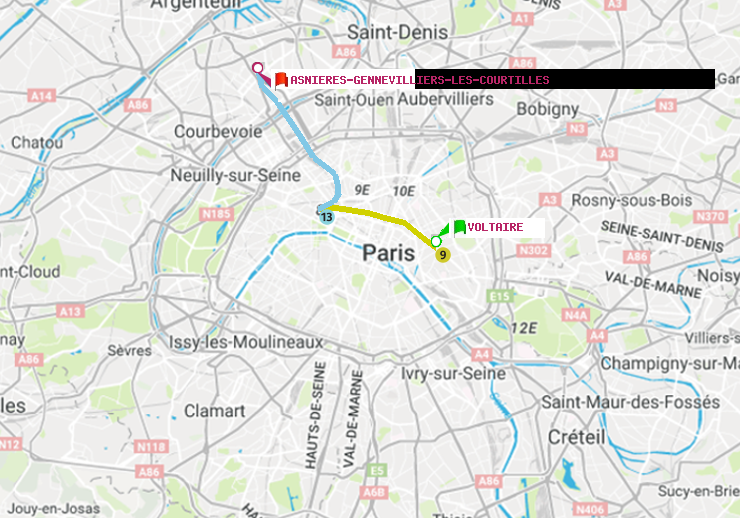 plan itinéraire ratp de Voltaire (Léon Blum) à Asnieres-Gennevilliers Les Courtilles