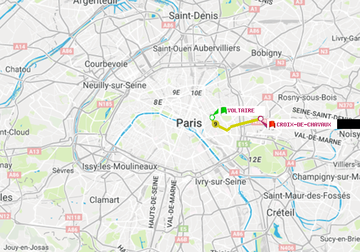 plan itinéraire ratp de Voltaire (Léon Blum) à Croix-de-Chavaux (Jacques Duclos)