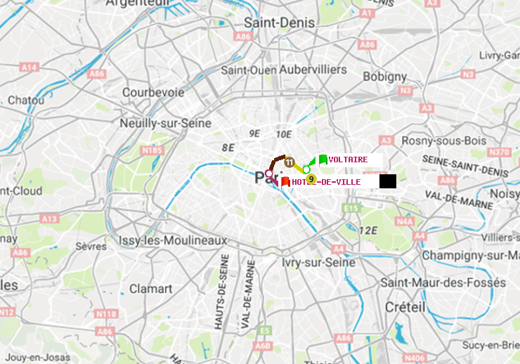 plan itinéraire ratp de Voltaire (Léon Blum) à Hôtel de Ville
