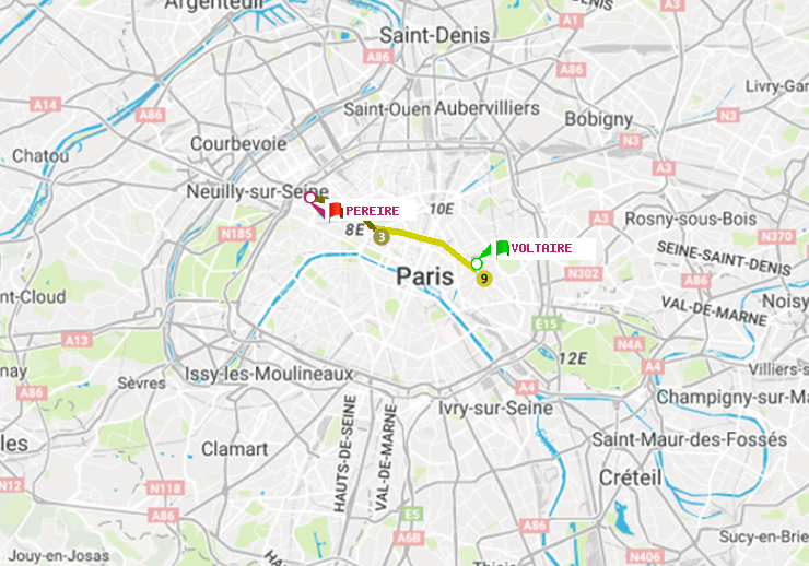 plan itinéraire ratp de Voltaire (Léon Blum) à Péreire