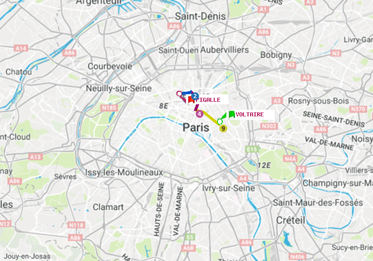 plan itinéraire ratp de Voltaire (Léon Blum) à Pigalle