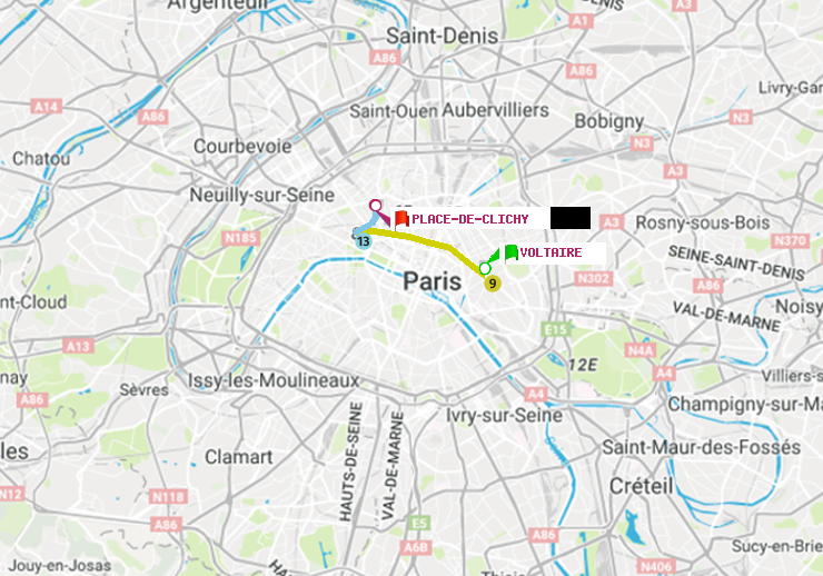 plan itinéraire ratp de Voltaire (Léon Blum) à Place de Clichy