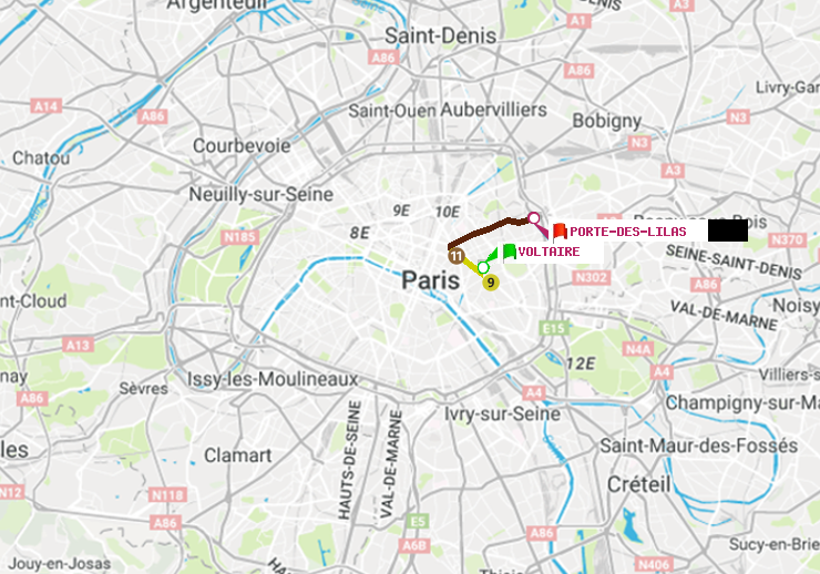plan itinéraire ratp de Voltaire (Léon Blum) à Porte des Lilas
