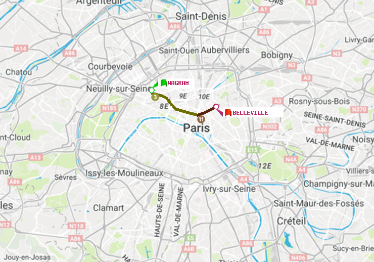 plan itinéraire ratp de Wagram à Belleville