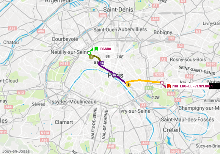 plan itinéraire ratp de Wagram à Château de Vincennes