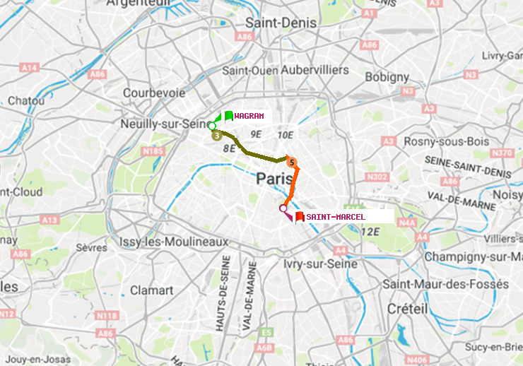 plan itinéraire ratp de Wagram à Saint-Marcel